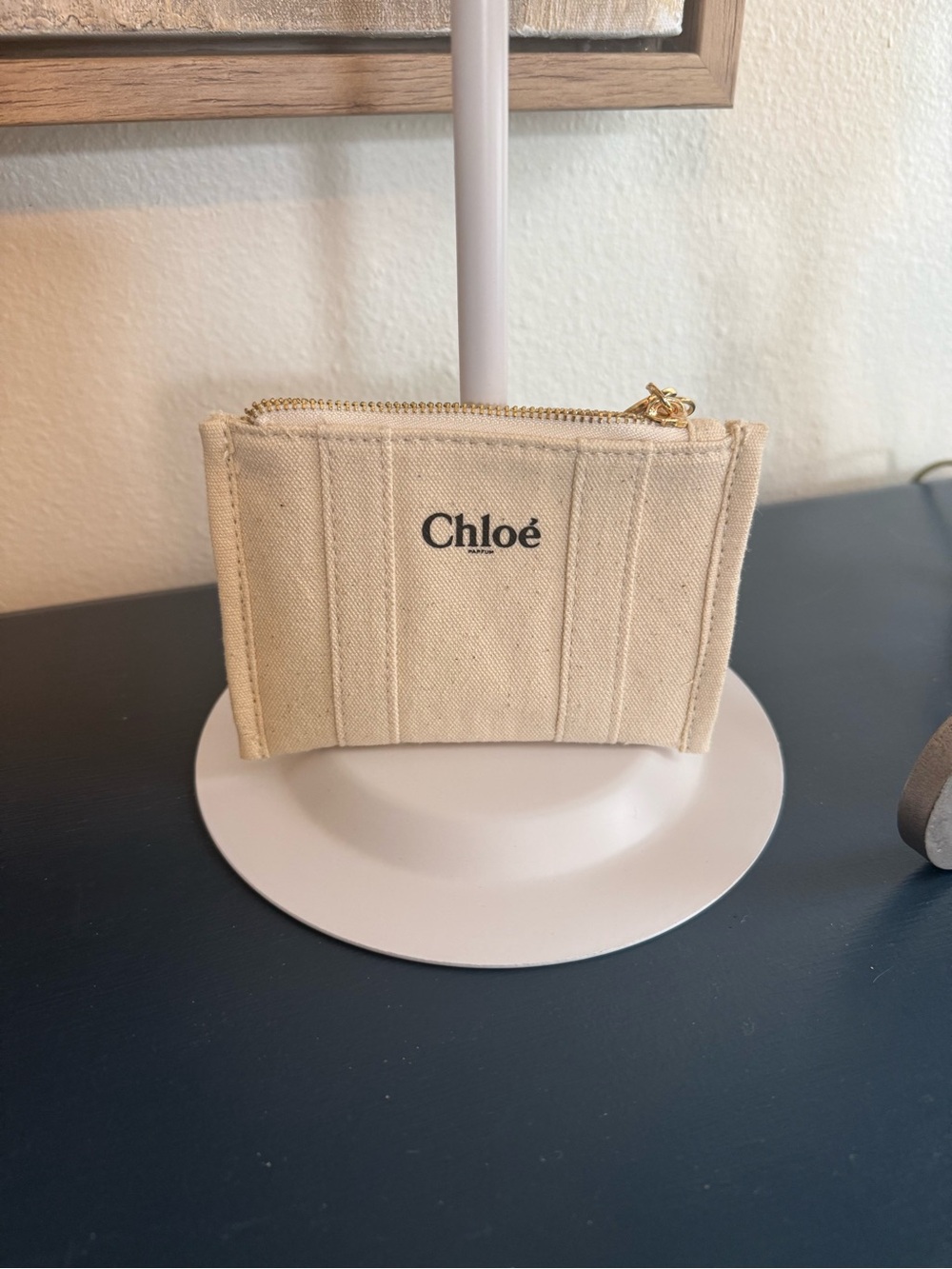 Chloé Beige Canvas Zip Card Holder with Gold Hardware
